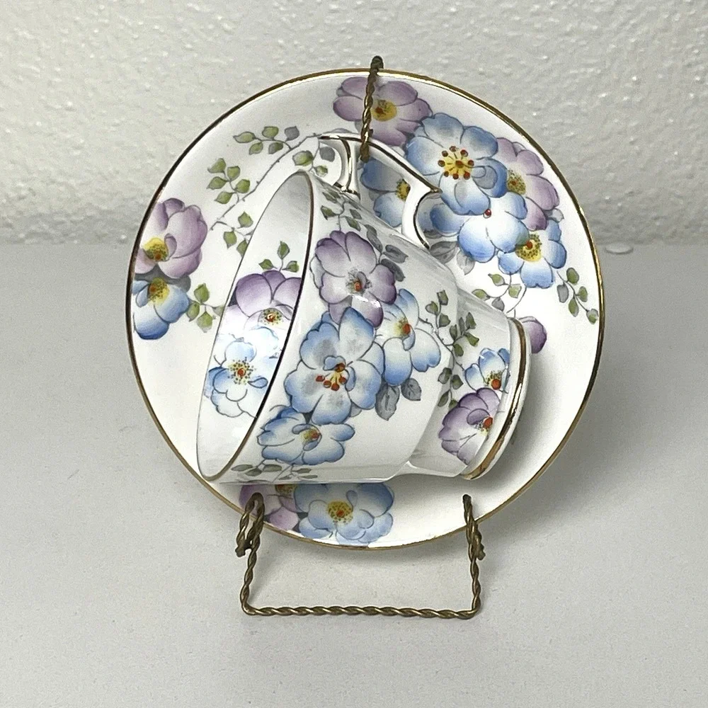 TF & S LTD Phoenix Bone China Purple Blue Flowers Tea Cup & Saucer 1950s